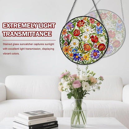 Flower Stained Glass Window Hanging, Suncatcher Diamond Glass Panel Hangings, Wildflower Colorful Sun Catchers Indoor Windows Wall Art, Gift for Mom Grandma, Christmas Decor for Home Office7.87 inches