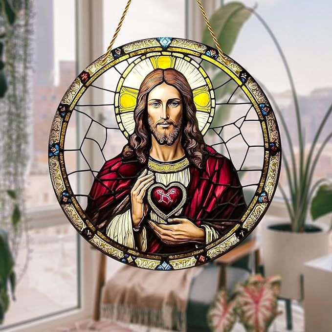8x8 inch Charming Jesus Christ Acrylic Stained Glass Window Hanging Sun Catcher Decor Stained Panel Hangings Wall Art Decor, for Friends and Family (Jesus Christ)