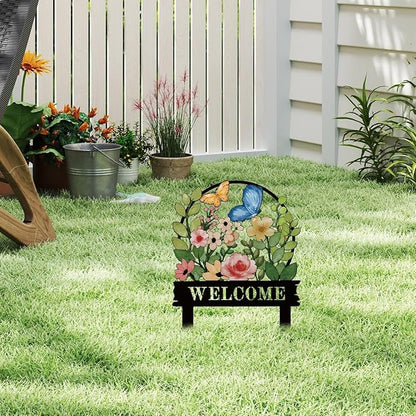 Decorative Garden Stakes, Welcome Yard Sign, Metal Arrangement Ornaments for Courtyard Lawn, Rusty Outdoor Decortions for Easter Housewarming (B)