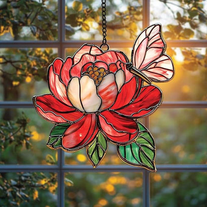 Peony Flower Hanging Suncatcher Faux Stained Hummingbirds and Flowers for Women Elegant Home Wall Decor Sun Catchers Indoor Windown Suncatchers Windows Garden
