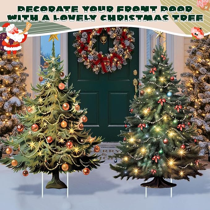Geelin 2 Pcs Large Christmas Tree Sign Yard with Stake 2.62 ft Vintage Patio Lawn Decoration Outdoor Christmas Party Favor Ornament Garden Sign for Party Supplies(Vintage Tree)