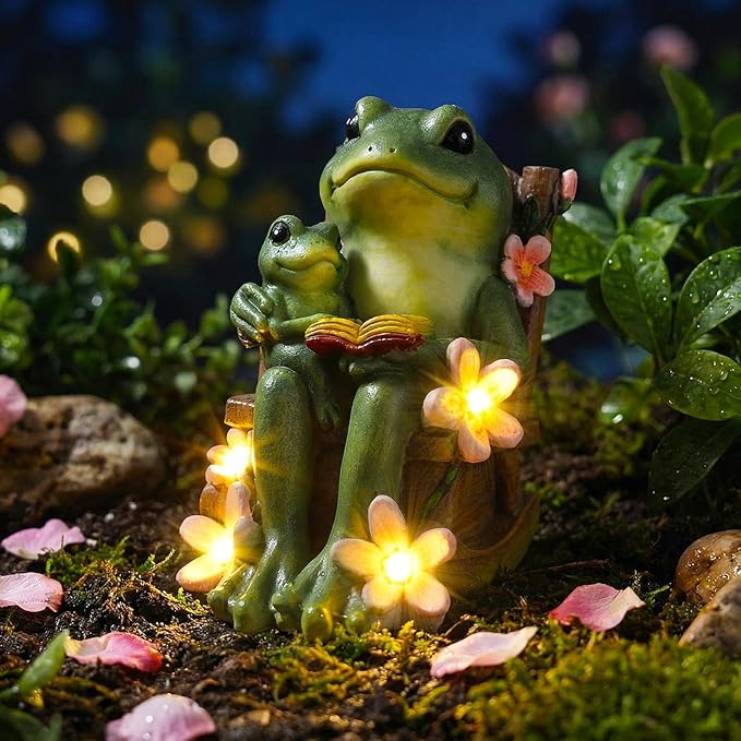 Thyle Frog Miniature Garden Statues Solar Family Reading Frog Garden Statue in Rocking Chair with LED Book Outdoor for Mom Women Grandma Patio Yard Lawn Decor Birthday Gifts Housewarming Decoration