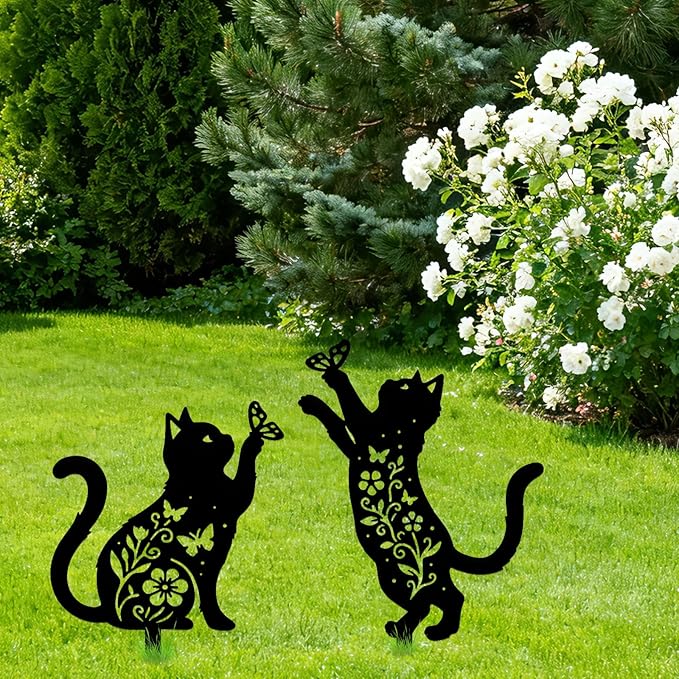 GLOBLELAND 2 Pcs Pattern Cat Garden Stakes Animals Metal Decorative Garden Stakes Metal Yard Signs Decoration for Lawn Patio Yard Garden Decor