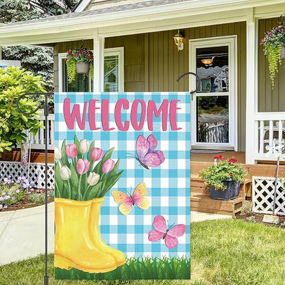 Spring Garden Flag 12"x18" Welcome Yellow Rain Boots with Pink Tulips Butterflies Blue Gingham Background Double Sided Outdoor Yard Porch Decor