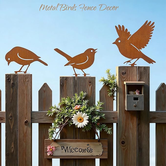 5PCS Rusty Metal Birds Decoration, Metal Birds Fence Decor, Outdoor Bird Wall Decor, Bird Silhouette Yard Art, Garden Sculptures & Statue Ornaments, Fence Decorations Outdoor, Rustic Garden Decor