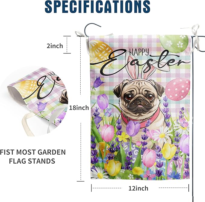 Happy Easter Dog Garden Flag Pug Spring Flags Buffalo Plaid Bunny Eggs Yard Flag for Outside 12x18 Double Sided Small Decorative Floral Outdoor Flag