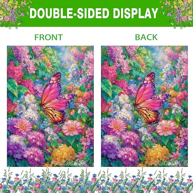 Spring Garden Flag for Outside 12x18 Inch Double Sided, Butterfly Flowers Small Yard Outdoor Flags for Seasonal Spring Summer Farmhouse Holiday Decoration