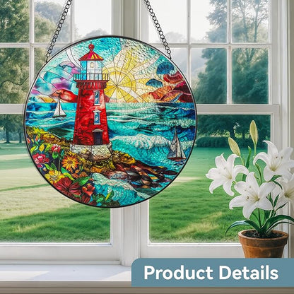 Suncatcher Stained Glass Window Hanging - Lighthouse Glass Panel with Metal Chain and Hooks Handmade Sun Catcher Decoration for Window Garden Home Christmas & Birthday Gifts (7.8 Inch)