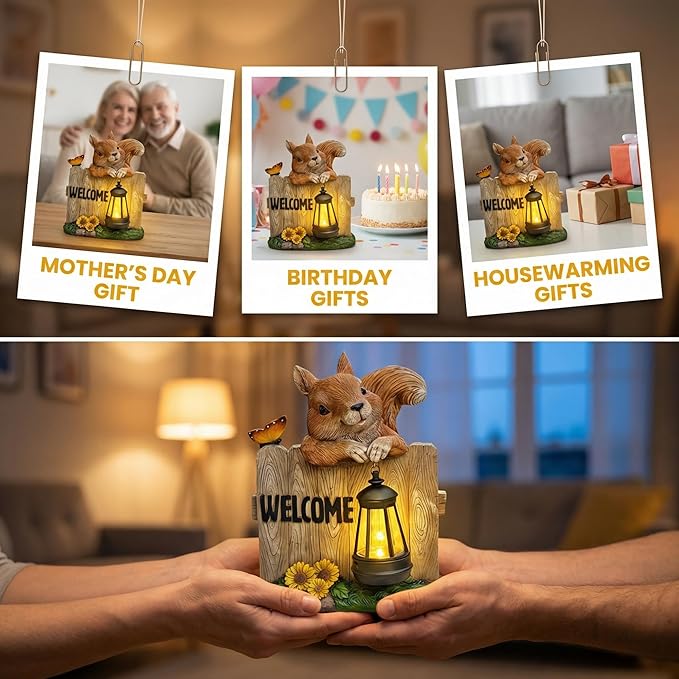 Garden Squirrel Welcome Sign with Solar Lantern, Decorative Outdoor Statue for Porch, Patio or Garden with Butterfly and Sunflowers