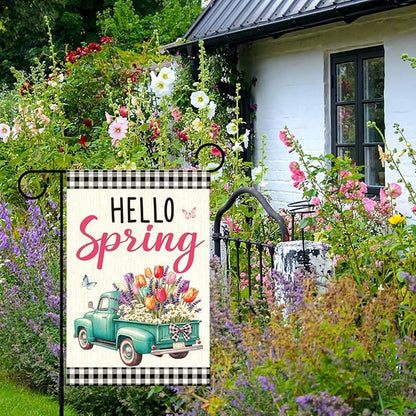Hello Spring Garden Flag for Outside, Spring Flowers Truck Garden Flag Yard Flags for Lawn Porch Outdoor Decorations 12x18 Inch Double Sided