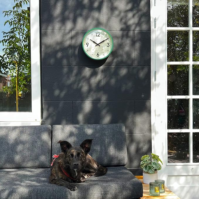 Cloudnola Indoor Outdoor Waterproof Metal Wall Clock with Thermometer and Hygrometer, Green, 12 inch Silent Non-Ticking Battery Operated Quality Quartz Round Clock for Patio and Home Decor