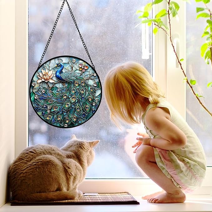 DASTOLL Stained Glass Window Hanging, Blue Peacock Decoration Suncatcher for Door Garden Home Flower Bird Sun Catchers Christmas Mother's Day Birthday Gifts for Women Men Mom Nana Friend 9.8 in