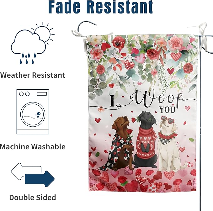 Dog Valentine Garden Flag Valentines Day Decor Black Lab Gifts for Women White Chocolate Labrador Yard Signs for Outside 12x18 Double Sided I Woof You Love Heart Banner