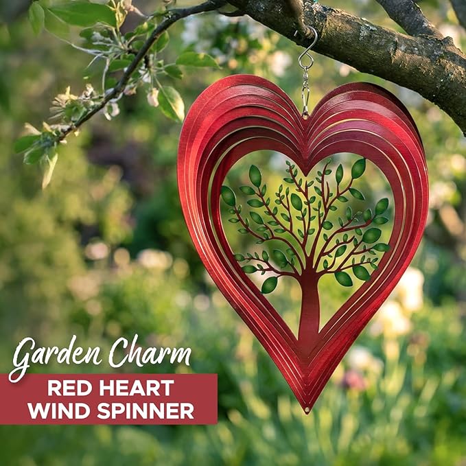 ISEO® Heart Wind Spinner for Yard and Garden, Hanging Outdoor Decor, Yard Art, Porch and Patio Decorations, Metal Wind Spinners Outdoor, Weather Resistant, 12”
