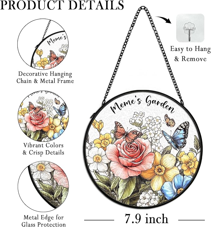 Meme Mothers Day Christmas Birthday Gifts Suncatcher Stained Glass Window Decor from Grandkids for Meme, Meme's Garden Stained Glass Wall Decor,Grandma Gift Sun Catchers Indoor Window,7.9x7.9In