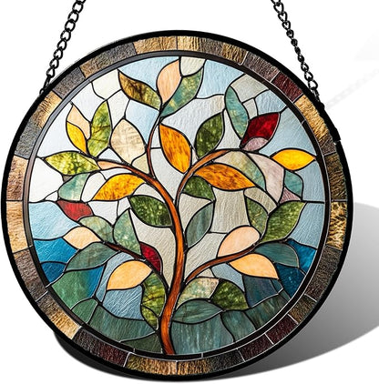 Stained Glass Window Hanging Colorful Tree of Life 9.8" - Plant Leaves Suncatcher Door Garden Sun Catcher Home Decor Birthday Christmas for Mom Men Woman Nana Friend