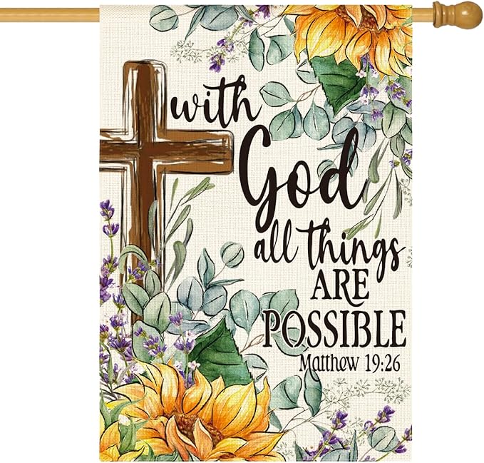 AVOIN colorlife Sunflower Spring Summer House Flag 28x40 Inch Double Sided Outside, With God All Things Are Possible Floral Yard Outdoor Decoration