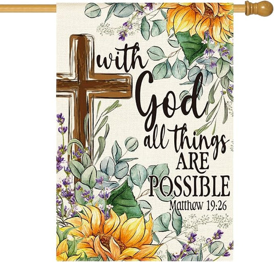 AVOIN colorlife Sunflower Spring Summer House Flag 28x40 Inch Double Sided Outside, With God All Things Are Possible Floral Yard Outdoor Decoration