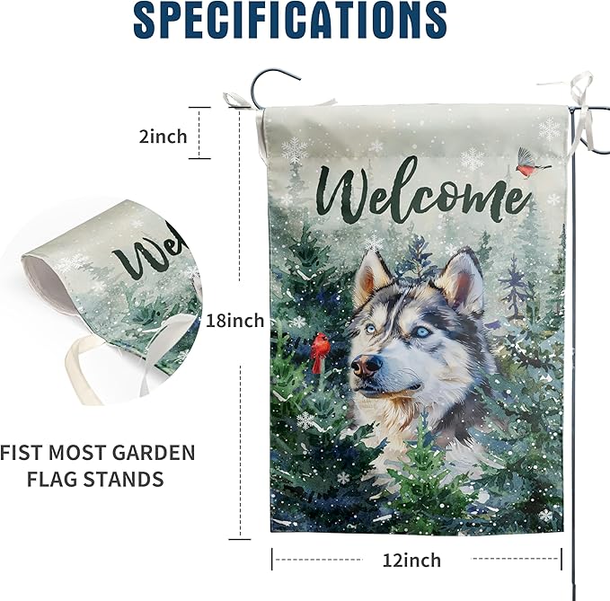 Welcome Winter Garden Flags Husky Garden Flag Cardinal Birds on Snowy Pine Tree Flag Dog Yard Flags for Outside 12x18 Double Sided Christmas Decorative