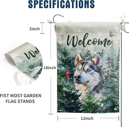 Welcome Winter Garden Flags Husky Garden Flag Cardinal Birds on Snowy Pine Tree Flag Dog Yard Flags for Outside 12x18 Double Sided Christmas Decorative
