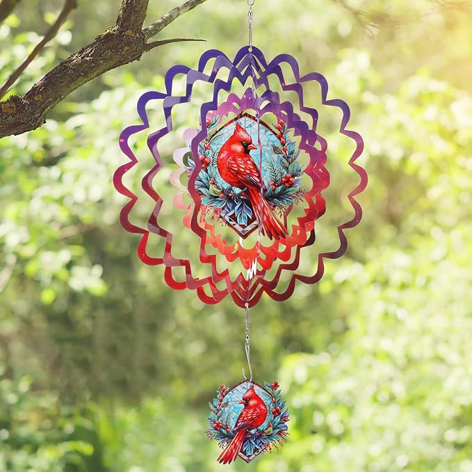 Cardinal Hanging Wind Spinners Outdoor - Stainless Steel Wind Sculpture 12 Inches Wind Chime Patio Lawn Yard Balcony Art Outside Decorations Religious Bereavement Gift for Remembrance Funeral Grieving