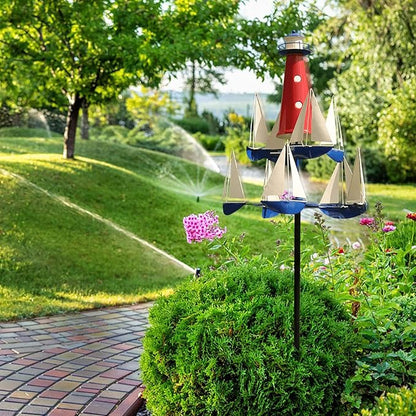 Kinetic Art Wind Sculpture - Summer Lighthouse Sailboat Windmills, Nautical Art Garden Windmills, Large Metal Sailboat Wind Spinners Decor for Outdoor Yard and Garden (1pc)