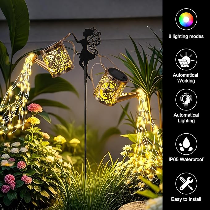 ZKLiLi Solar Fairy Hummingbird Watering Can Lights Outdoor, IP65 Waterproof Garden Decor with one Pole Two Light - Hanging Patio Lawn Pathway Gift for Backyard,Lawn,Patio