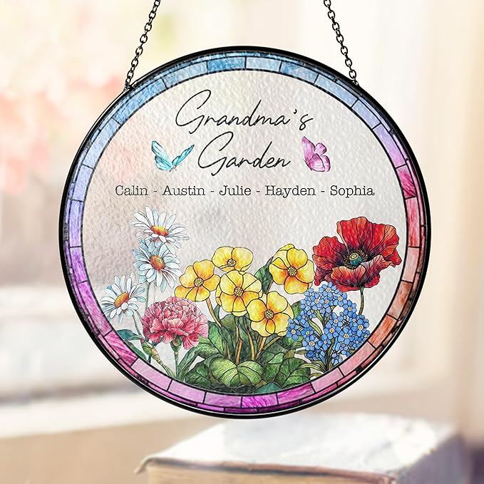 Personalized Grandma’s Stained Glass Window Hanging Ornament, Custom Holding Grandma’s Hands with Kids’ Names, Floral Art Decoration, Grandma from Grandkids