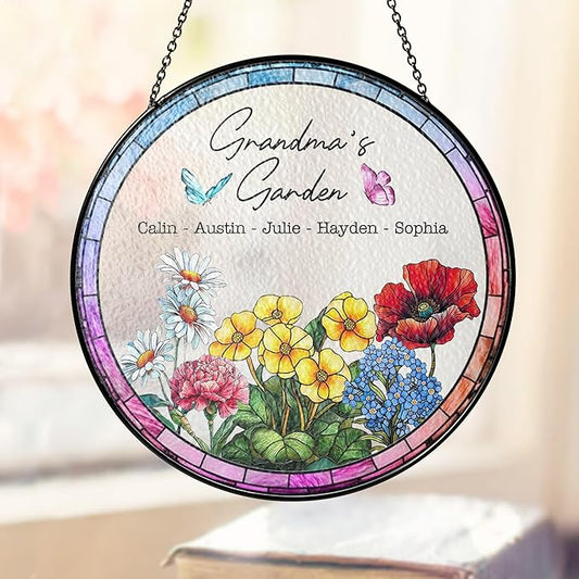 Personalized Grandma’s Stained Glass Window Hanging Ornament, Custom Holding Grandma’s Hands with Kids’ Names, Floral Art Decoration, Grandma from Grandkids