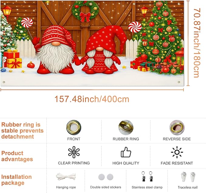 IVN Christmas Garage Door Cover Decoration 13x6ft Gnomes by Barn Doors with Tree Merry Christmas Garage Door Banner Home Door Front Yard Decor for Xmas Eve Holiday Outdoor