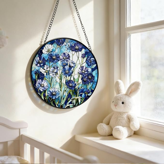 Stained Glass Blue Daisy Flower Suncatcher 7.8 Inch Rainbow Maker Window Hanging for Garden Outdoor Home Decor, Mom Friends Gift for Housewarming Birthday Christmas