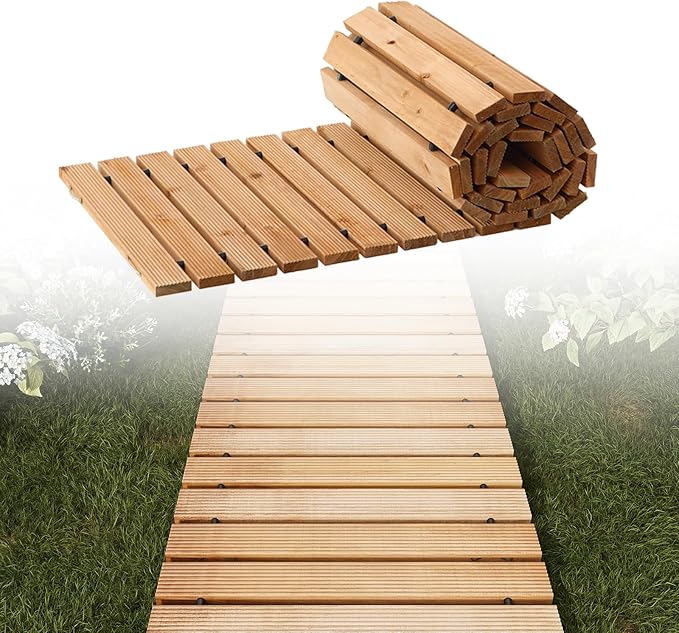 8FT Straight Wooden Garden Pathway Walkway Outdoor Roll Out Decorative Garden Non-Slip Patio Path Decorative Boardwalk Road Floor for Pool Backyard Wedding Party Beach (Warm Brown)