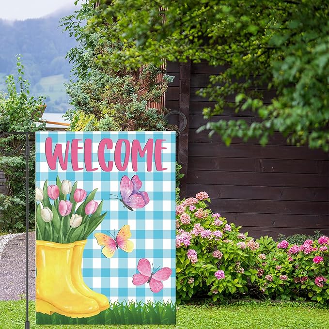 Spring Garden Flag 12"x18" Welcome Yellow Rain Boots with Pink Tulips Butterflies Blue Gingham Background Double Sided Outdoor Yard Porch Decor