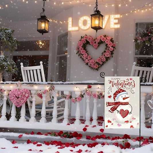 Happy Valentine’s Day Garden Flags 12x18 Inch Double Sided, Watercolor Snowman Small Seasonal Decoration for Holiday Anniversary Wedding Yard Outside Outdoor