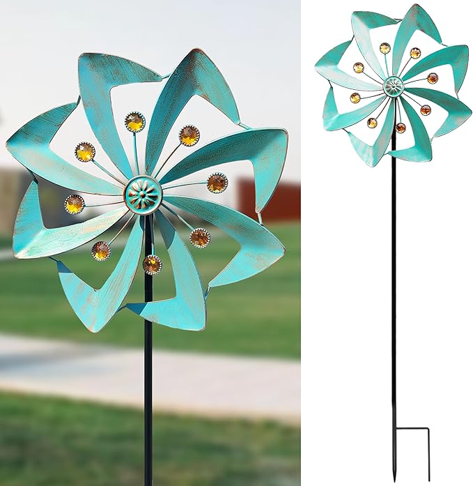 360° Outdoor Wind Spinner, Wind Sculpture Spinner with Metal Stake, Yard Art Decor for Patio, Lawn & Garden (Green Copper)