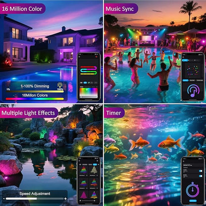 T-SUN Color Changing Pond Lights LED Underwater Fountain Lights with Bluetooth APP Control, IP68 Waterproof Submersible Spotlight for Aquariums, Fish Tanks, Pools, Garden and Yard Ponds (Set of 4)