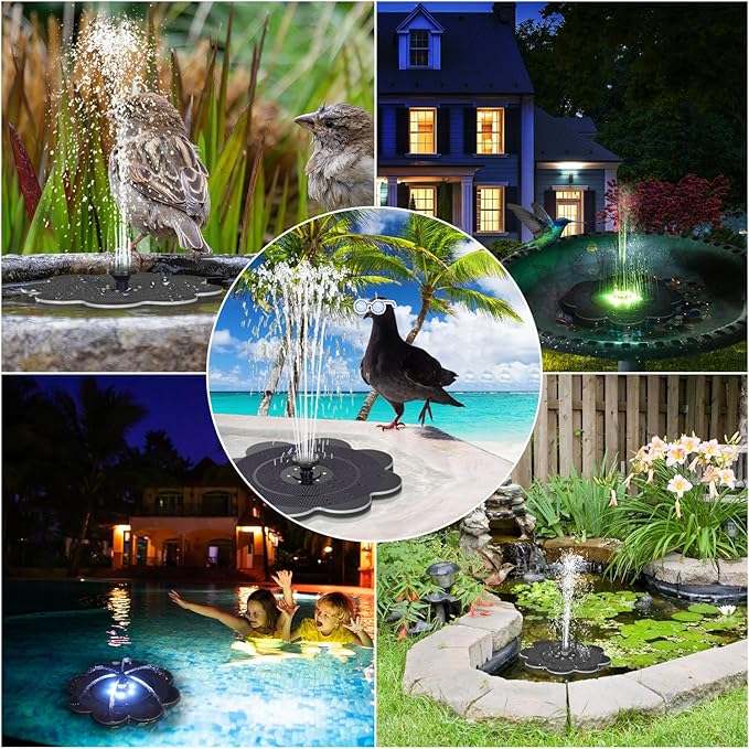 Solar Fountain, Upgrade Lucky Flower 3.5W Solar Bird Bath Water Fountain with Lights, and 2000mAh Battery, Solar Powered Hummingbird Fountain Pump with 7 Nozzles, 4 Fixed Pipes for Garden