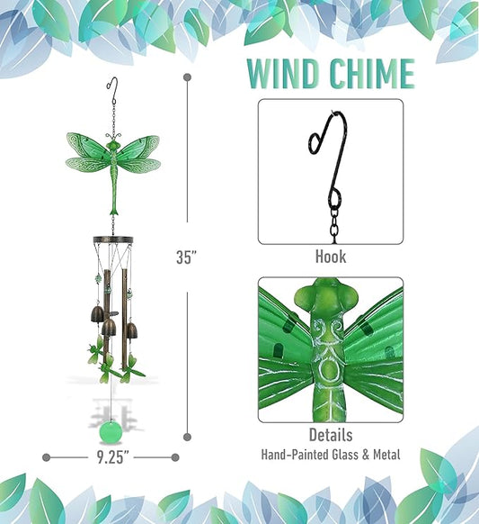 CoTa Global Green Garden Dragonfly Wind Chime - Handmade Glass and Metal Chime - Hanging Decor - Colorful Home Decor Gift, Indoor and Outdoor Hanging Decoration for Porch, Patio, and Garden - 35 Inch