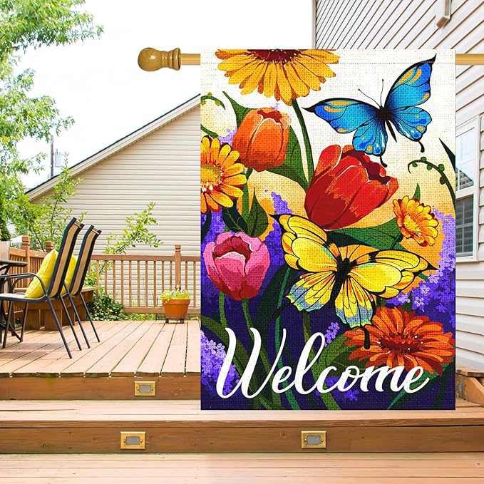 Louise Maelys Welcome Spring Floral House Flag 28x40 Inch Double Sided, Burlap Large Spring Summer Butterfly Yard for Seasonal Outside Outdoor House Decoration