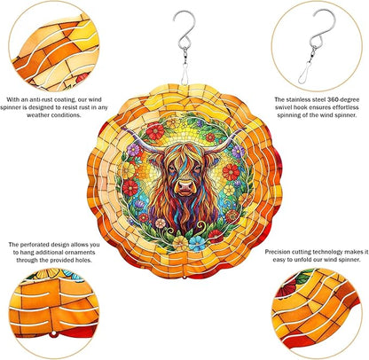 Highland Cow Wind Spinner, 3D Hanging Stainless Steel Garden Spinner, Wind Spinner Hanging for Outdoor & Indoor Décor, Unique Gifts for Yard Garden Decoration or Patio Décor (Highland Cow)
