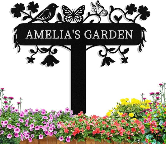 Personalized Metal Garden Signs with Stake, Custom Garden Signs for Outside Waterproof, Customized Name Sign Yard Lawn Gardens Decor Gardening Gifts for Moms Grandmas Gardeners