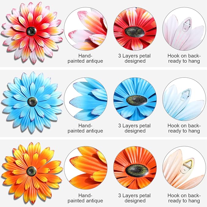 Hotop 3 Pcs Metal Flower Wall Art 3D Metal Daisy Wall Decor Multiple Layer Hanging Flower Rustic Farmhouse Boho Style Decorations for Indoor Outdoor Home Living Room Office Garden, 8 Inches(Vivid)