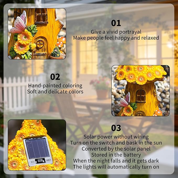 Resin Sunflower House Statue Solar Light, LED Waterproof Decorative Light, Birthday Gifts for Women Mom Grandma, Outdoor Sunflower Garden Statue Decoration for Garden Yard Patio Lawn Balcony Porch