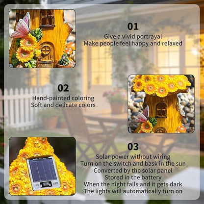 Resin Sunflower House Statue Solar Light, LED Waterproof Decorative Light, Birthday Gifts for Women Mom Grandma, Outdoor Sunflower Garden Statue Decoration for Garden Yard Patio Lawn Balcony Porch