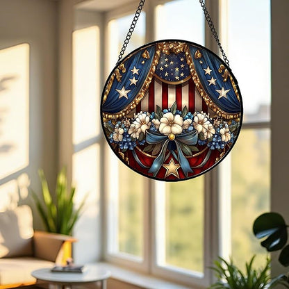 Stained Glass Window Hanging White Flower American Flag Element 7.8" - Suncatcher Door Garden Sun Catcher Home Decor Birthday Christmas for Mom Woman Friend Nana