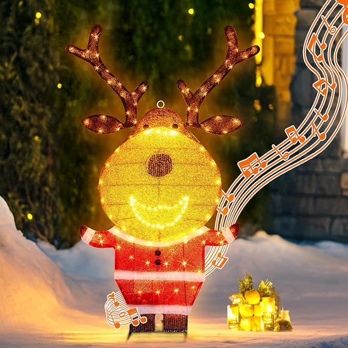 EAMBRITE Lighted Reindeer Christmas Decorations Outdoor, Animated Deer with Motion Sensor & Music, 2-in-1 Yard Stake Hanging Wall Decor for Indoor Holiday Decorations, Outside Yard Patio Home Decor