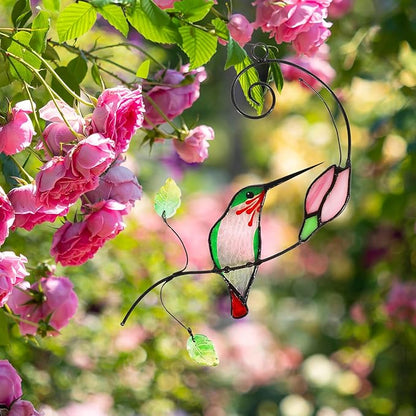 Handmade Stained Glass Hummingbird Suncatcher, Window Hanging Ornament with Flower Design, Indoor Outdoor Garden Decor