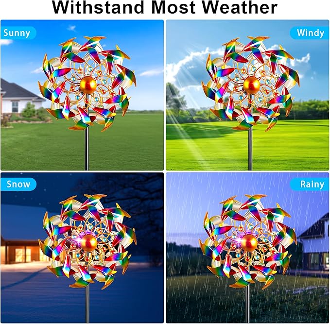 54" H Solar Wind Spinner Outdoor Metal Garden Decor - Kinetic Windmill Yard Art with Color-Changing LED Lights & Sparkling Gemstone - Waterproof Solar Pathway Lights for Lawn, Patio & Garden Gifts