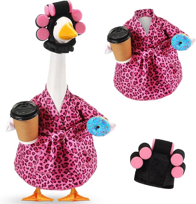 Shyyween Lady Porch Goose Outfit for 23'' Cement Plastic Lawn Goose Statue Clothes Pink Leopard Bathrobe Coffee Cup Curlers for Outdoor Garden Yard Patio Decoration
