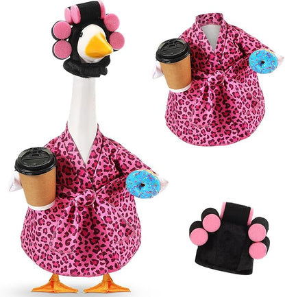 Shyyween Lady Porch Goose Outfit for 23'' Cement Plastic Lawn Goose Statue Clothes Pink Leopard Bathrobe Coffee Cup Curlers for Outdoor Garden Yard Patio Decoration